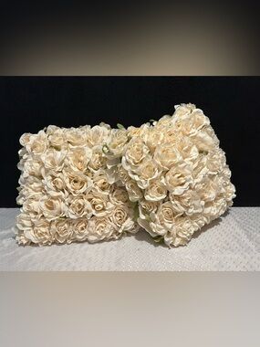 2 VTG JCPENNEY Off White Floral Roses Square Pillow Satin Back 12x12 Cottagecore